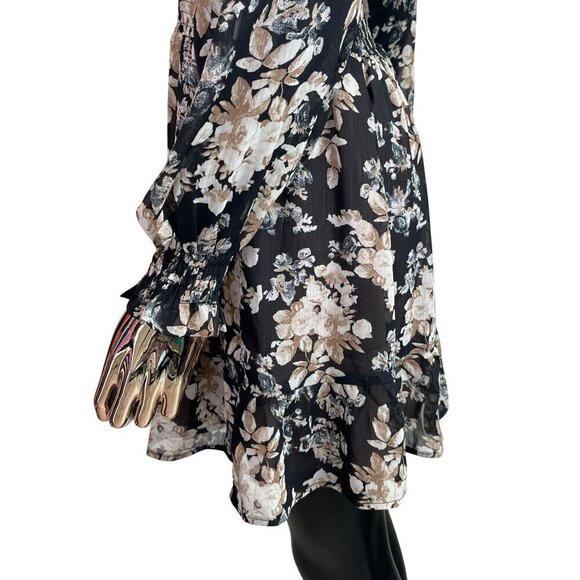 VICI Brown Floral Long Sleeve Smocked Waist Mini Dress With Ruffled Hemline XS - Picture 8 of 12
